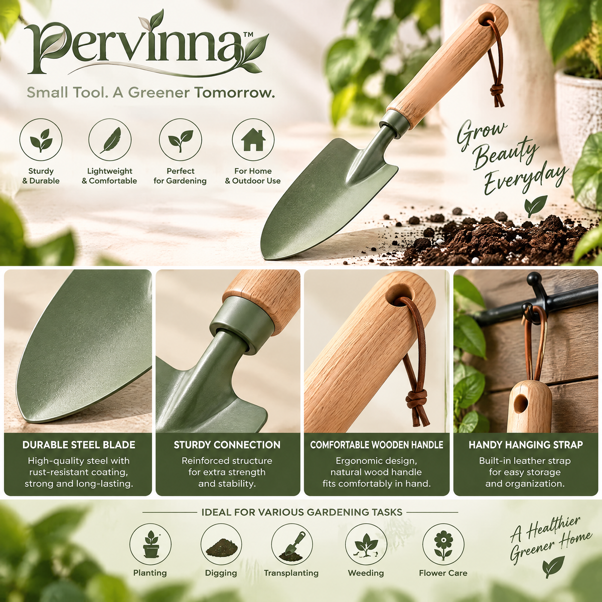 pervinna™ Indoor Gardening Hand Trowel — in-use plant care