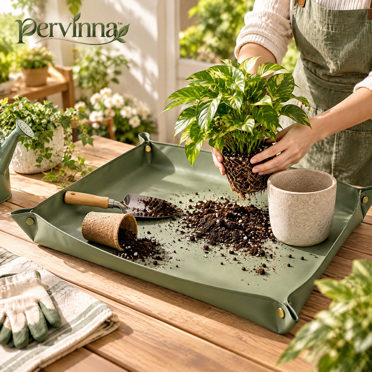 pervinna™ Waterproof Indoor Repotting Mat — in-use plant care