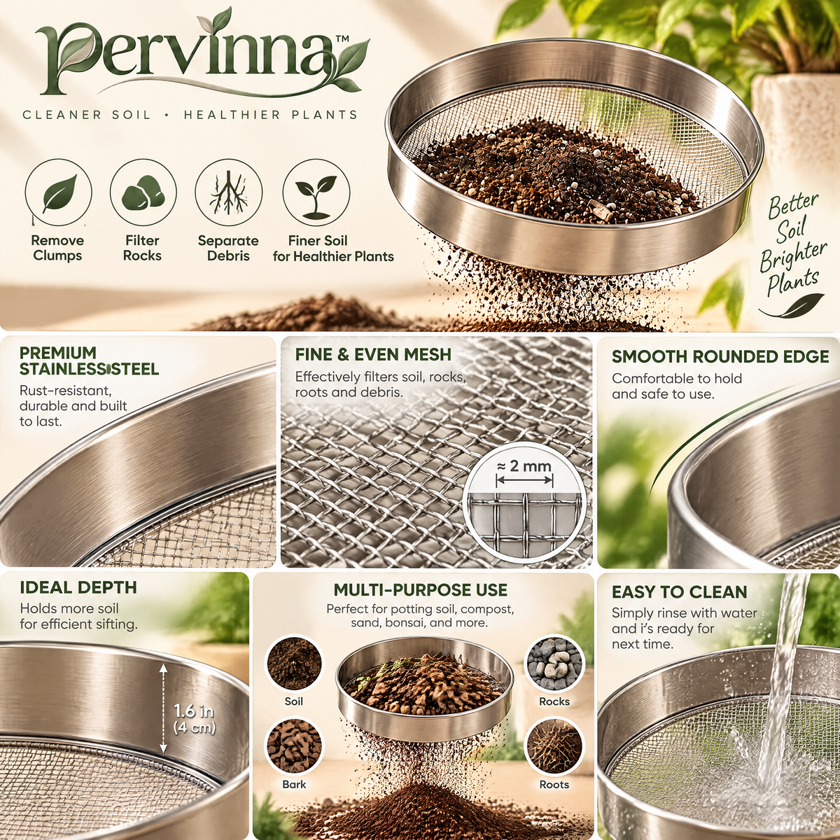 pervinna™ Stainless Steel Soil Sieve — in-use plant care